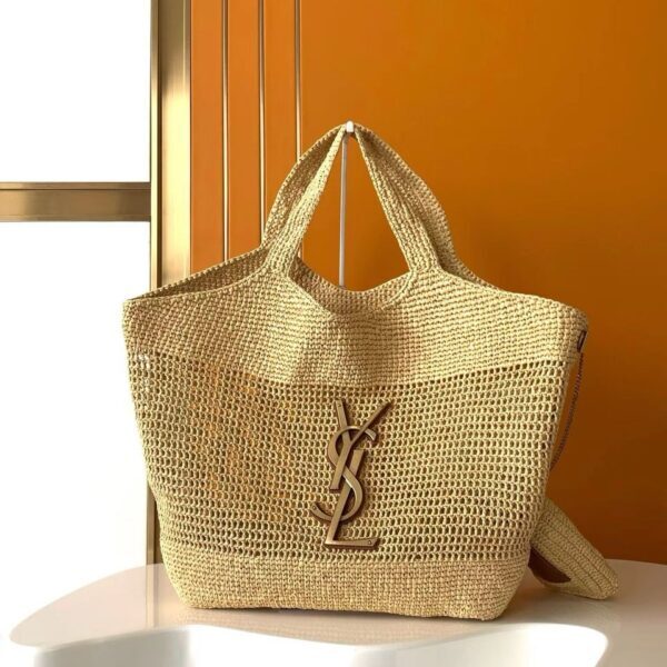 YSL Saint Laurent Natural Raffia Iace Shopping Tote