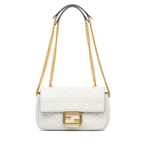 Authenticated Fendi Zucca Embossed Chain Midi Baguette White
