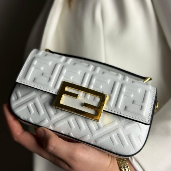 Authenticated Fendi Zucca Embossed Chain Midi Baguette White