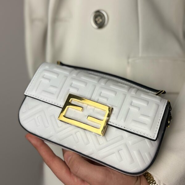 Authenticated Fendi Zucca Embossed Chain Midi Baguette White