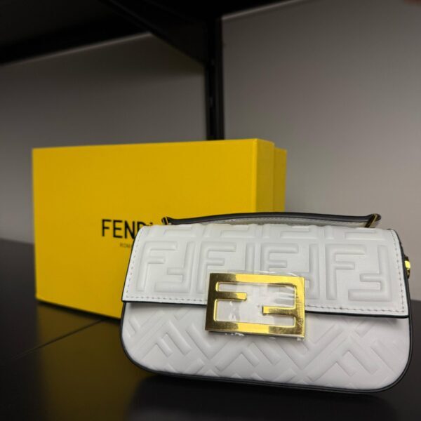 Authenticated Fendi Zucca Embossed Chain Midi Baguette White