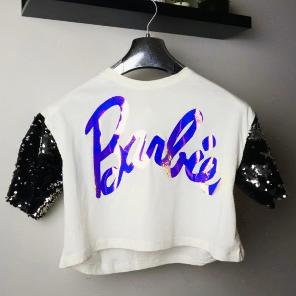 Barbie majica / White / glittery sleeves / Purple logo