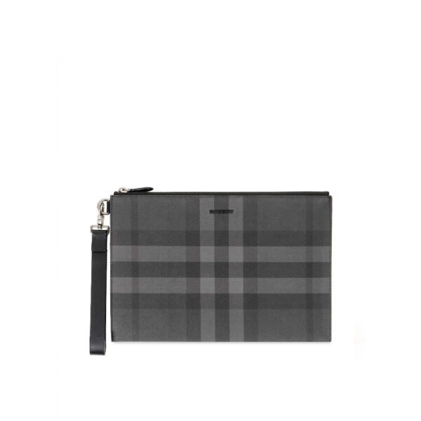 Burberry Edin Check E-canvas Pouch In Charcoal