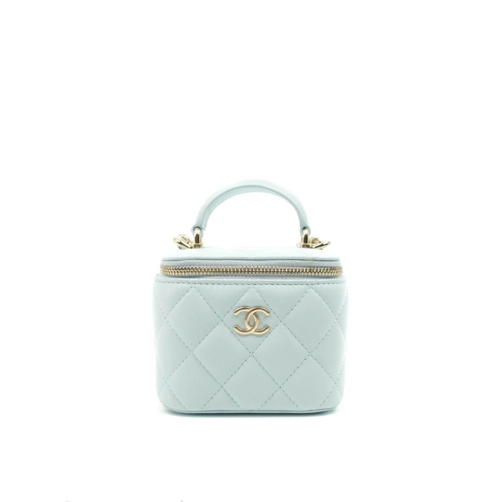 Chanel Mini Top Handle Vanity With Chain Light Blue Lambskin Gold Hard