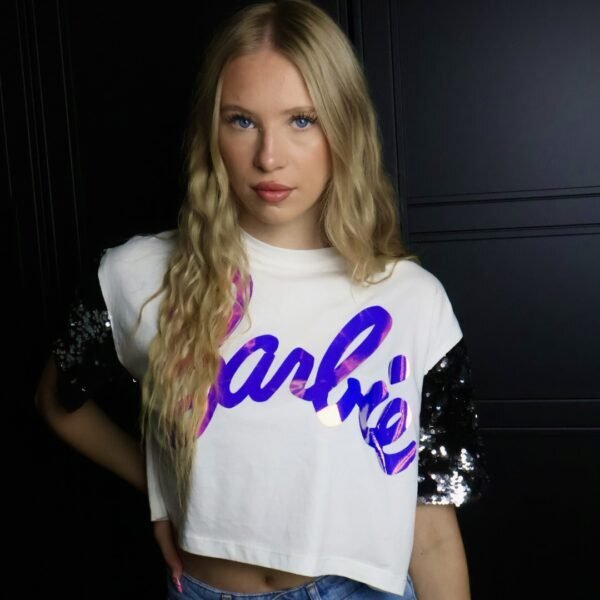 Barbie majica / White / glittery sleeves / Purple logo