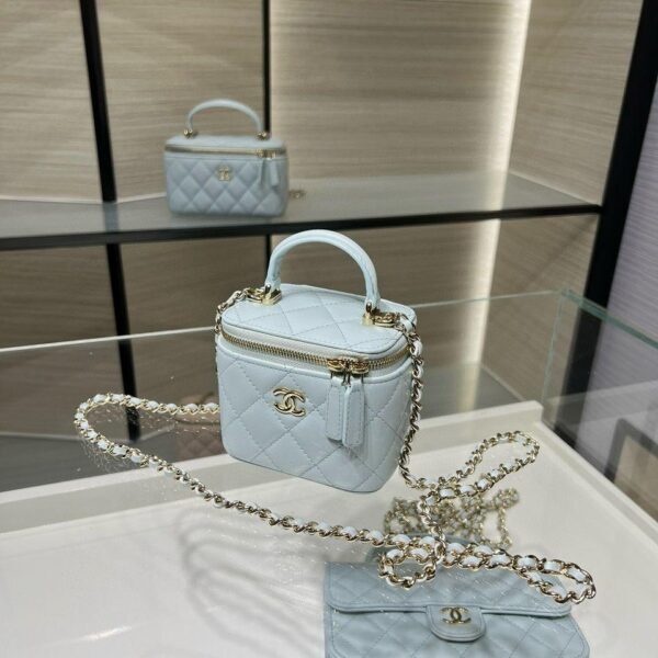 Chanel Mini Top Handle Vanity With Chain Light Blue Lambskin Gold Hard