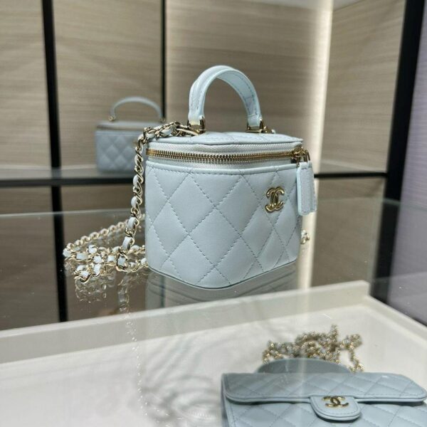 Chanel Mini Top Handle Vanity With Chain Light Blue Lambskin Gold Hard