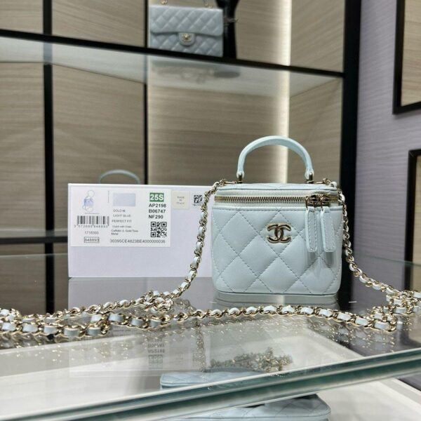 Chanel Mini Top Handle Vanity With Chain Light Blue Lambskin Gold Hard