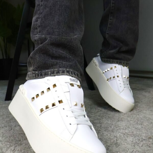 Valentino Garavani Rockstud White/Gold Leather Flatform